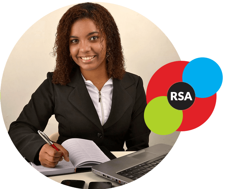 RICHSAM staff member at work with RSA brand graphic